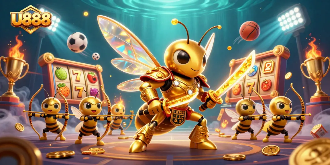 U888 offers thrilling gameplay with a golden hornet warrior and slot reels in action.