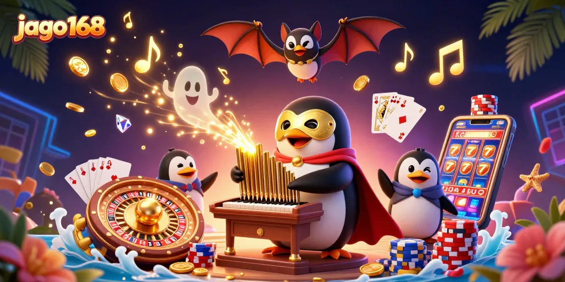 Experience thrilling games and bonuses at jago168, featuring vibrant 3D illustration of a casino scene.