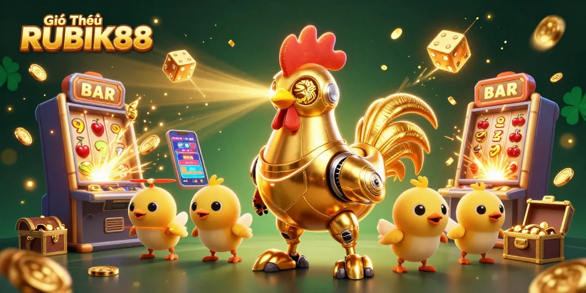 Win big with Giới Thiệu RUBIK88 as golden chicken robot and drones animate the casino world.
