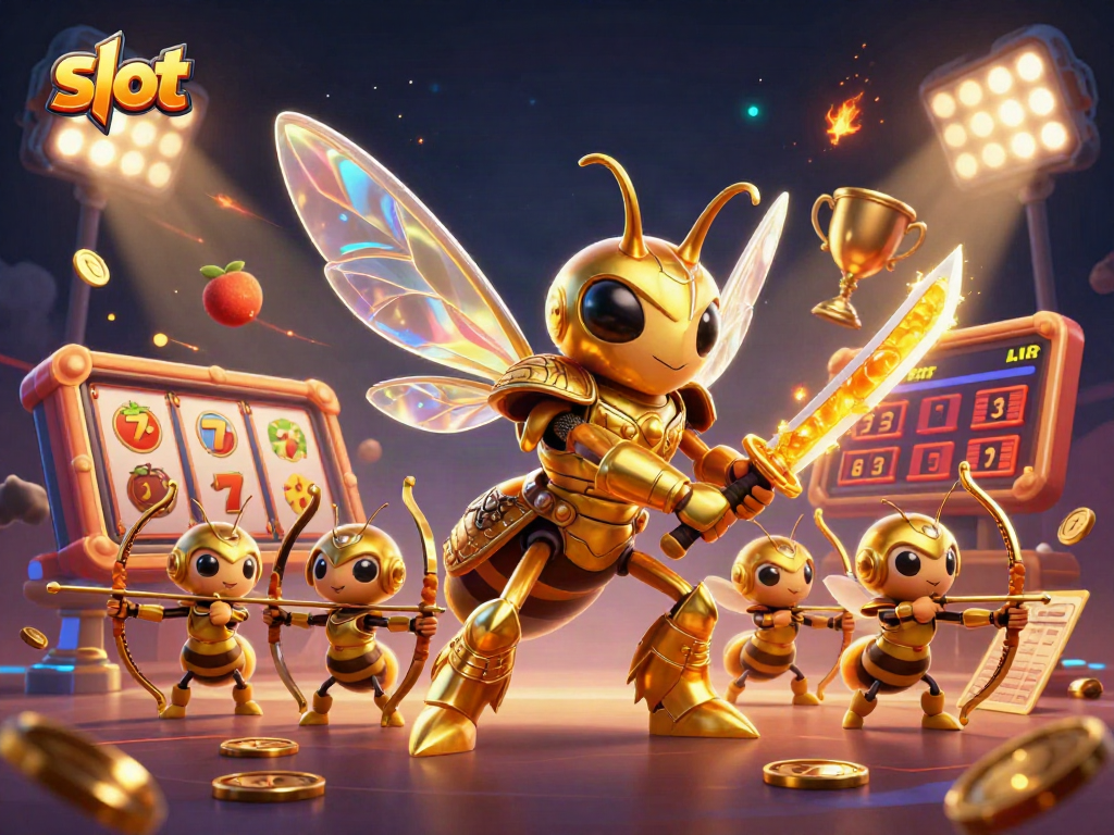 Slot dalam ilustrasi 3D dengan karakter dan simbol mesin slot yang dinamis dan berwarna cerah.