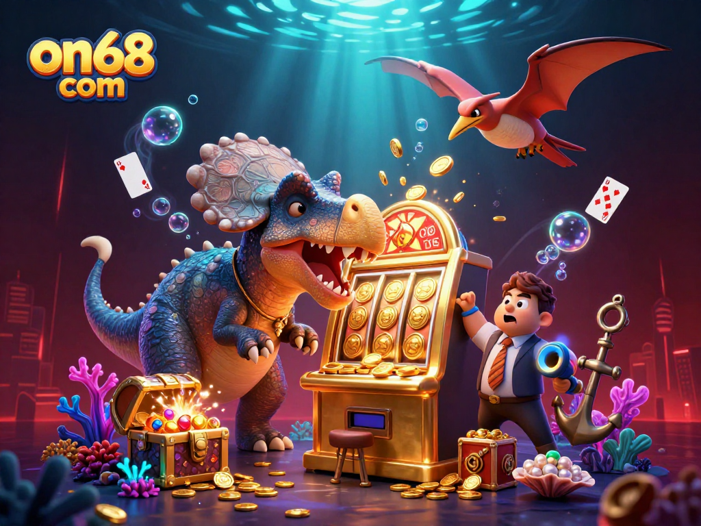 Experience jackpot thrills with on68 com's vibrant casino illustration featuring a dynamic trio.