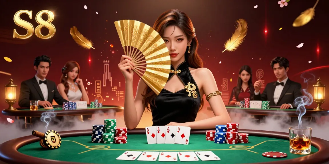 S8 casino scene showcasing a stunning Asian woman at a poker table with vibrant gambling elements.