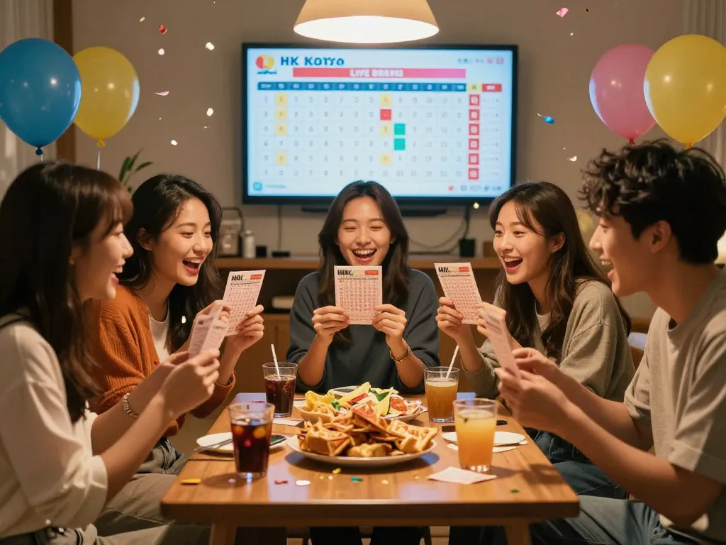 Friends celebrating their HK Lotto win while checking tickets at a festive table with snacks.