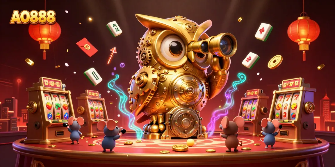 Spin the reels of AO888 with a whimsical clockwork owl overlooking a vibrant casino scene.