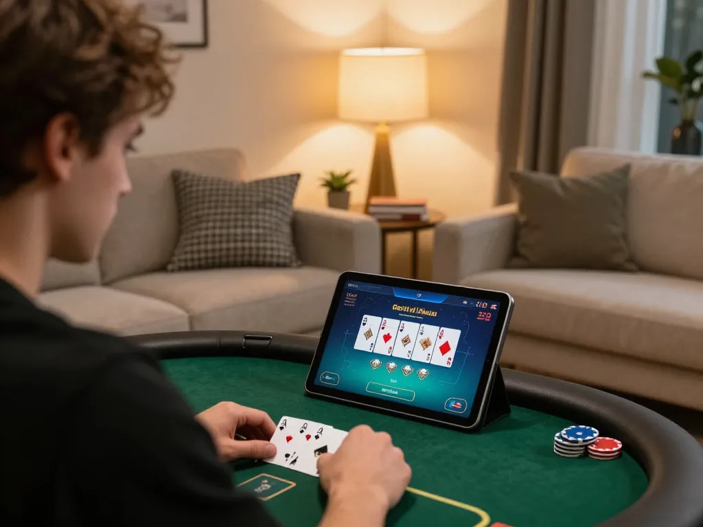 Pemain Bintangmpo terlibat dalam permainan poker online di tablet, menunjukkan strategi dan fokus dalam suasana yang nyaman.