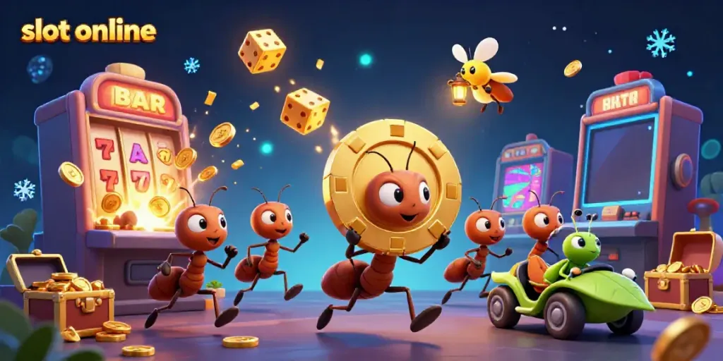 Permainan slot online yang menyenangkan ditampilkan dalam ilustrasi 3D, dengan lebah dan pelanggaran.