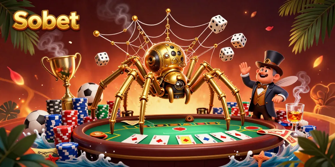 Sbobet offers thrilling sports betting with vibrant visuals of a trapped fly gentleman and a golden spider.