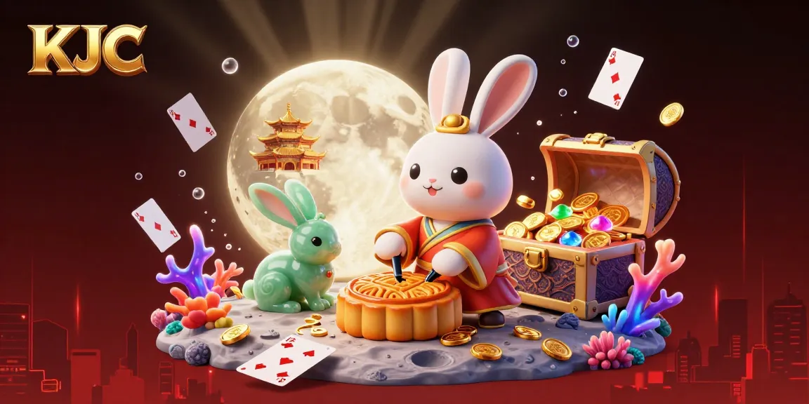 KJC showcases a playful scene of a cartoon moon rabbit revealing poker chips while surrounded by casino elements.