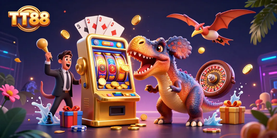 TT88 jackpot scene with a dinosaur and casino elements celebrating wins and excitement