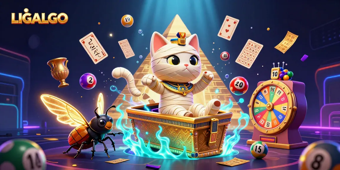 LIGALGO engages players with a thrilling Egyptian-themed casino scene featuring vibrant lottery elements and a playful design.