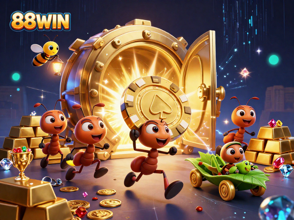 Experience big wins with 88WIN as ants successfully carry a golden poker chip in an exciting casino heist.
