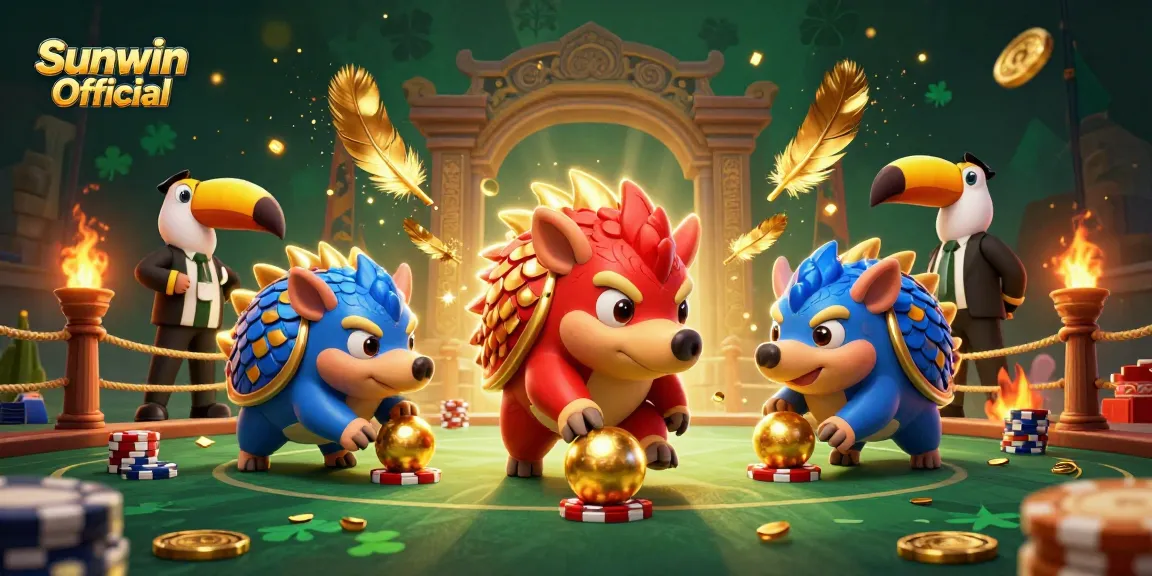 Engage in thrilling gameplay at Sunwin Official with pangolin rivals rolling into poker chips amidst golden confetti.