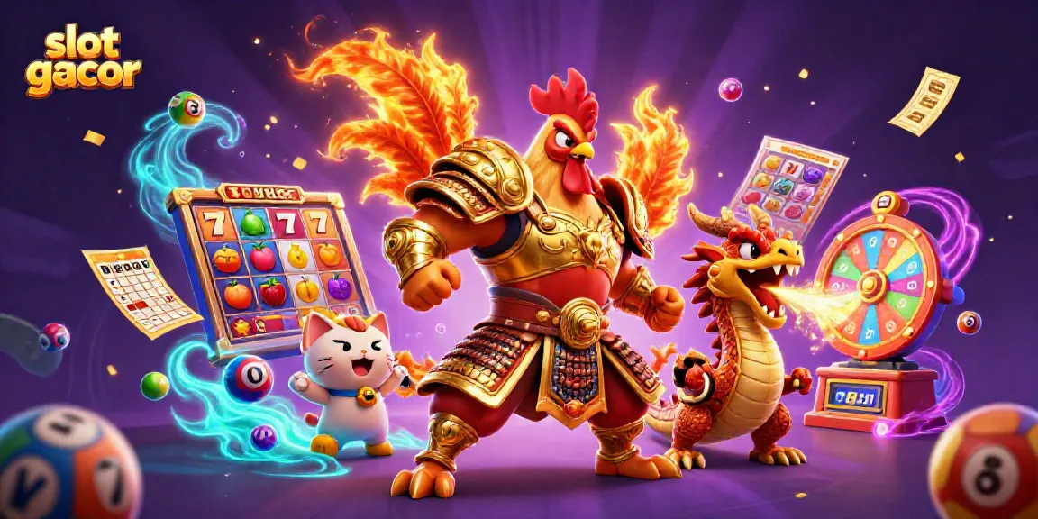 Experience slot gacor thrills with a vibrant scene of a rooster warrior, dragon, and game elements.