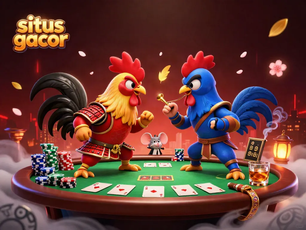 Watch twin 3D cartoon fighting roosters in armor showcase situs gacor, surrounded by vibrant poker elements.
