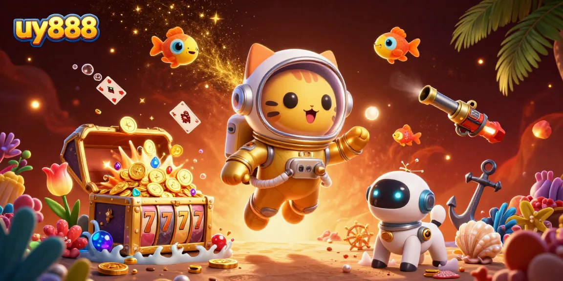 Join the excitement of uy888 with a dynamic casino scene featuring a golden cat astronaut, robot dog, and vibrant slot elements.