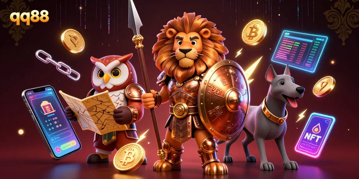 Play and win at qq88 in a vibrant casino scene with innovative characters and crypto elements.