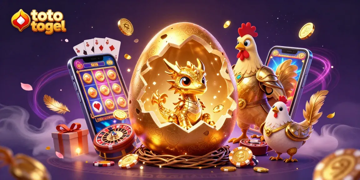 Permainan toto togel ditampilkan dengan naga bayi emas dan ayam penjaga di tengah suasana kasino penuh warna.