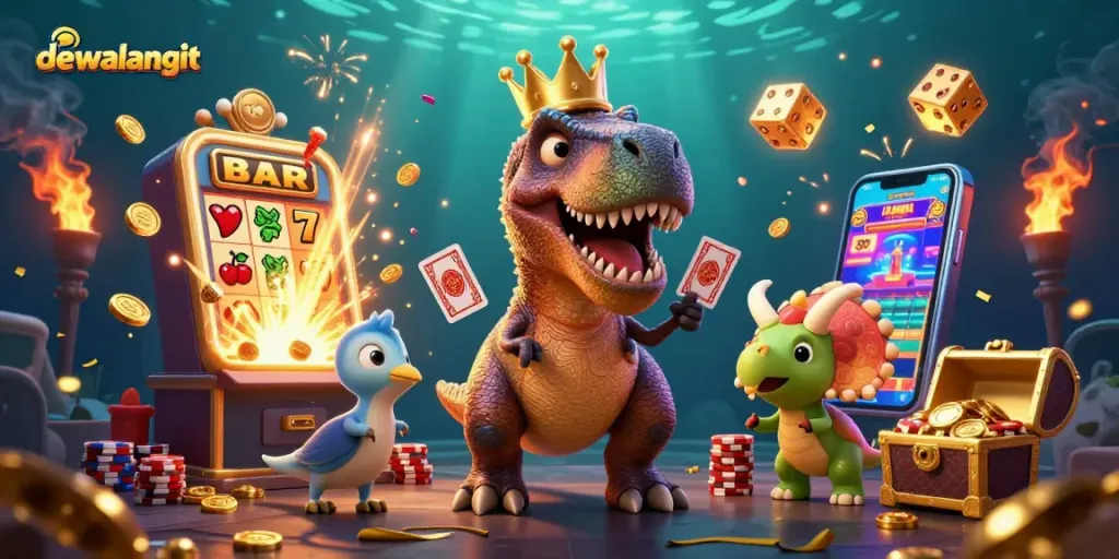 Menangkan jackpot di Dewalangit dengan karakter kartun dino bermain kartu dan menumpuk chip emas.