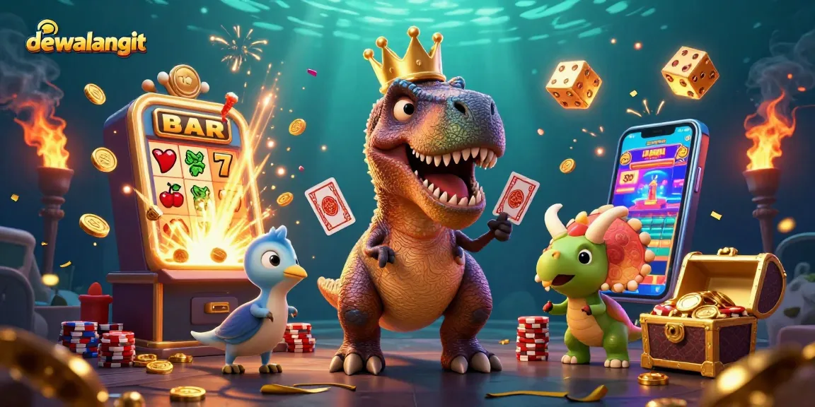 Menangkan jackpot di Dewalangit dengan karakter kartun dino bermain kartu dan menumpuk chip emas.