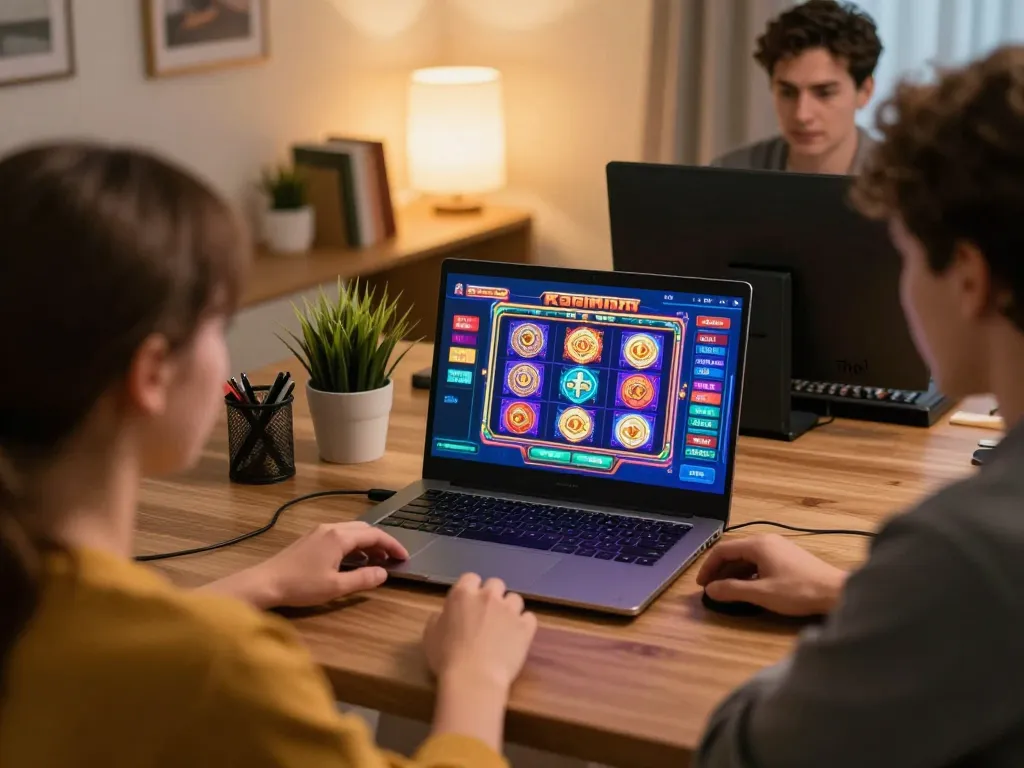 Engaged players enjoying online slots at luck8biz in a cozy home gaming environment