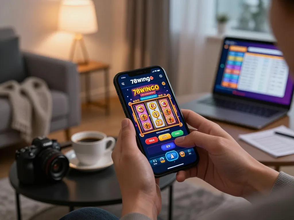 Engaged user plays on the 78wingo casino app, showcasing vibrant slot machine graphics in a cozy home setting.