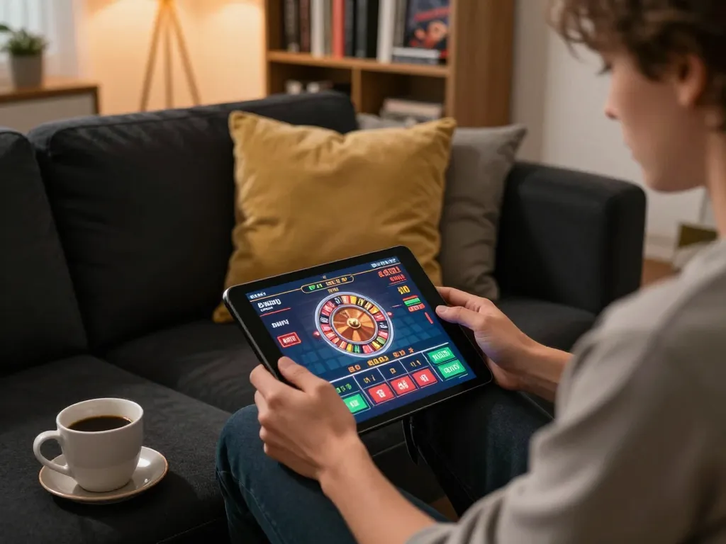 Onbet online gaming experience with roulette interface captivating a player on a tablet.
