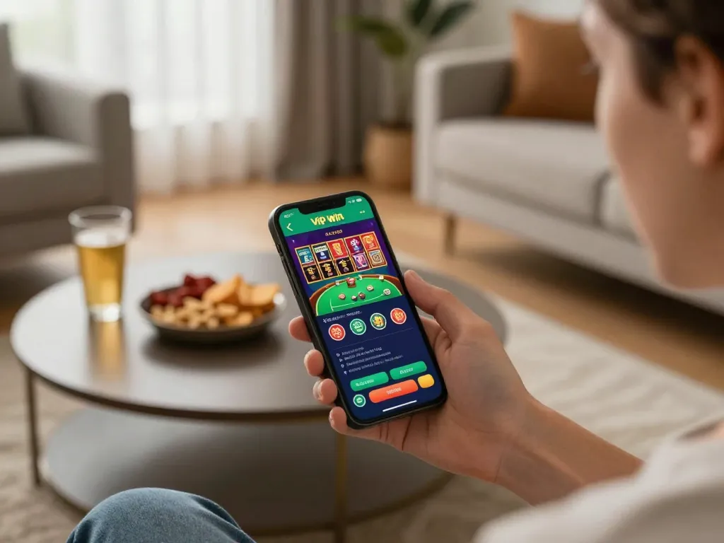 Engage in thrilling gameplay with vip win casino app on smartphone, showcasing vibrant home gaming setup
