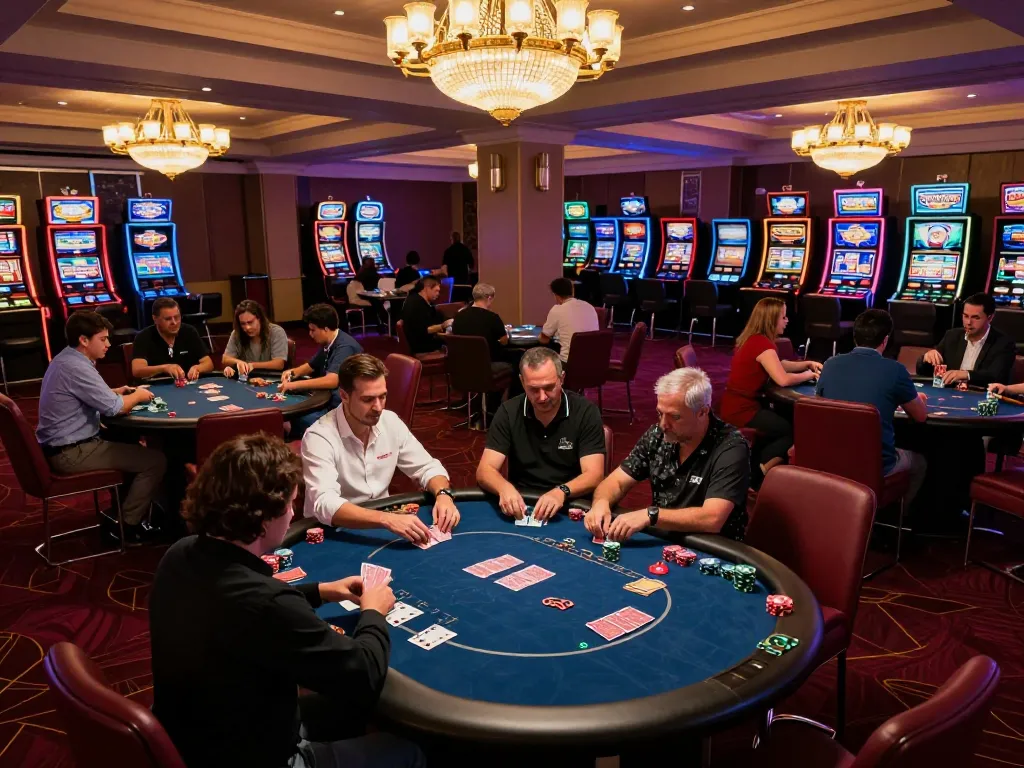 Players enjoying poker at 58wiin's upscale casino lounge, showcasing an exciting gambling atmosphere