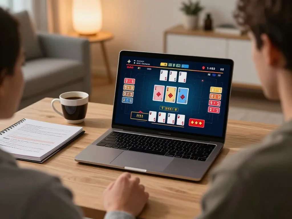 Player engaging in online gaming on laptop at home, enhancing rr88co betting experience with strategic notes visible.
