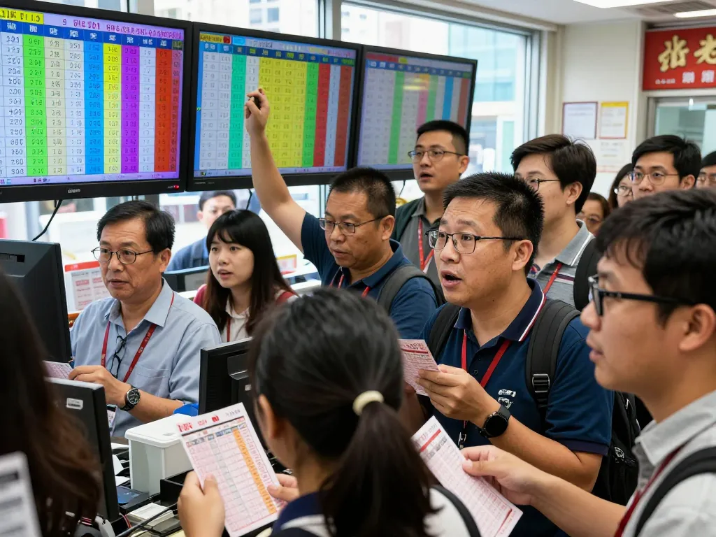 Players eagerly reviewing HK Lotto results in a lively lottery office, capturing the excitement of live draws and winning strategies.