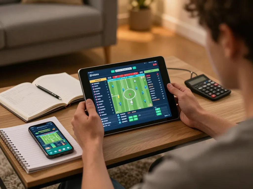 Muraibet sports betting setup with tablet showing live odds and strategic planning elements