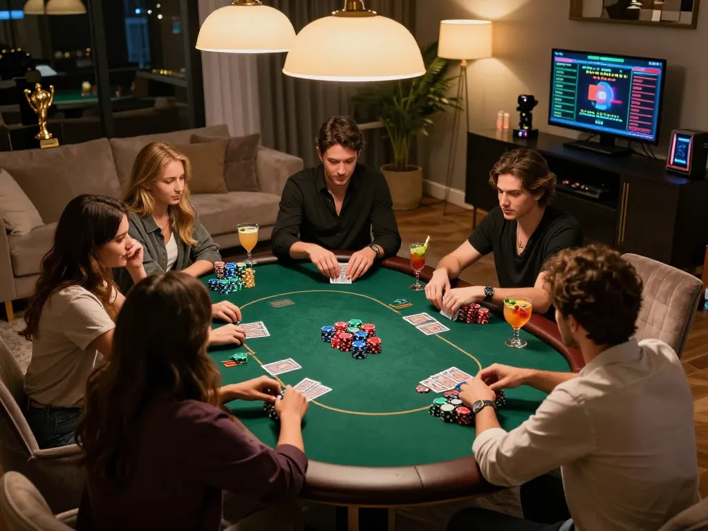 Sunwin poker game session capturing friends strategizing over colorful chips and cards.
