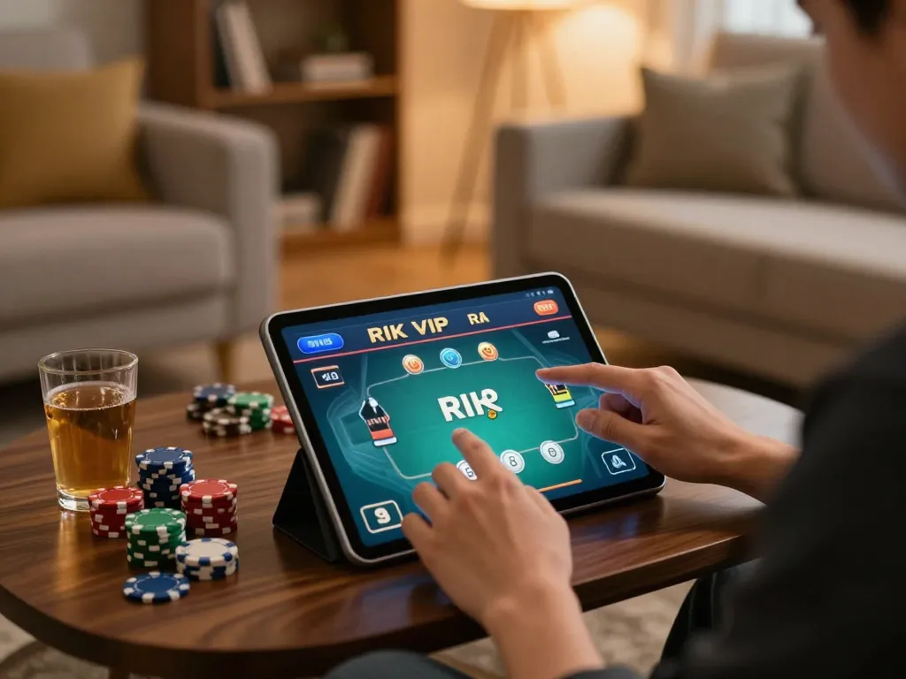 Playing rik vip on a tablet showcases strategic online gambling at home, revealing an engaging atmosphere.