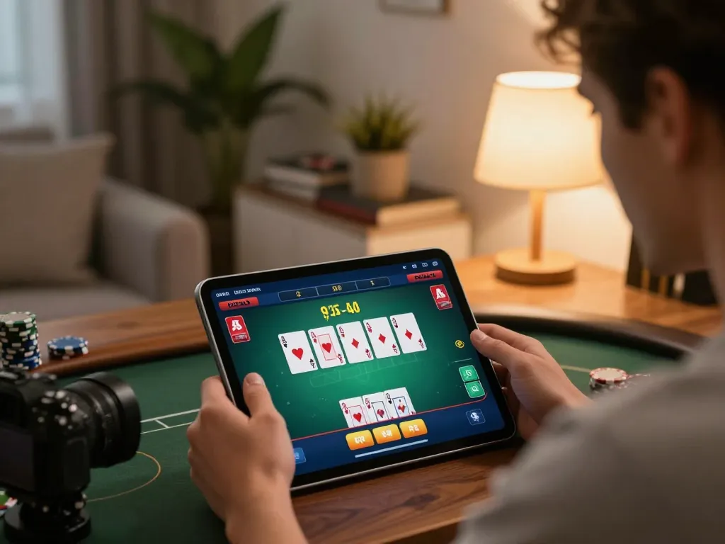 sin88 player engaging with online poker app in a cozy home setting with strategic focus and comfort