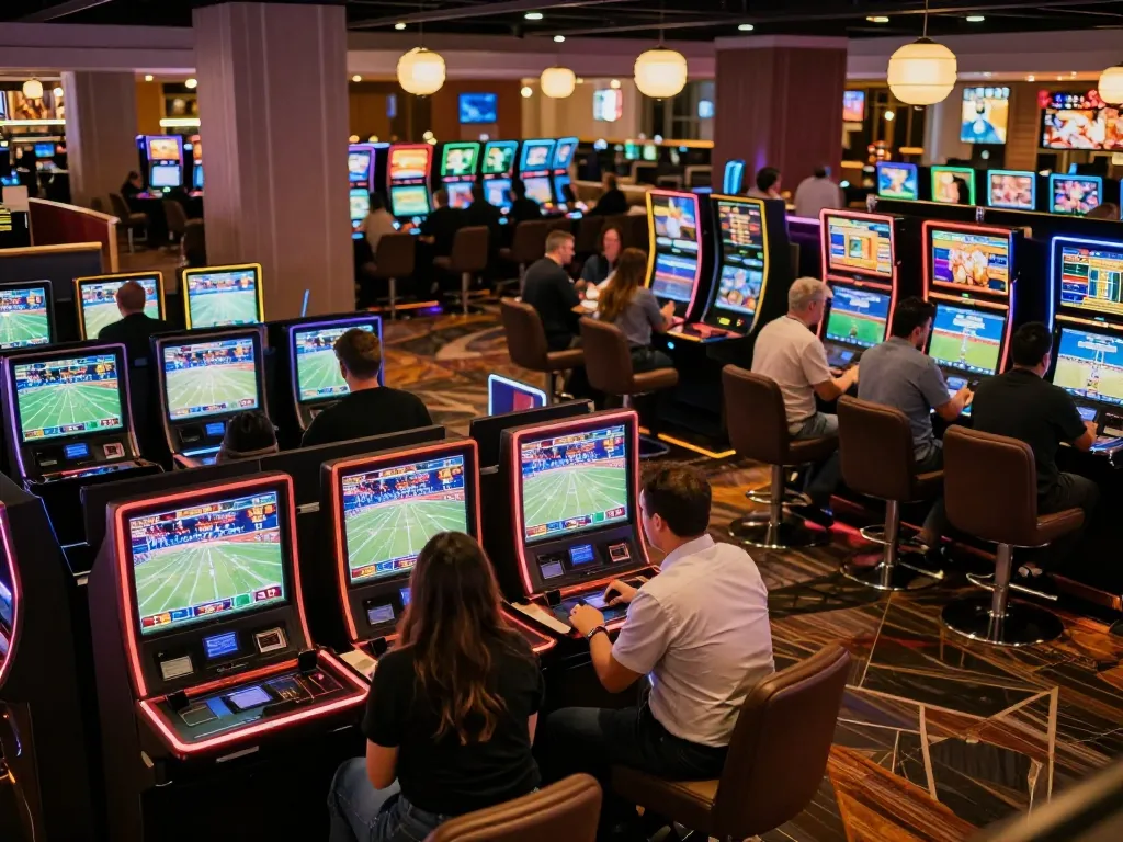 Betting at tg88 casino sports area with live screens and engaged gamblers
