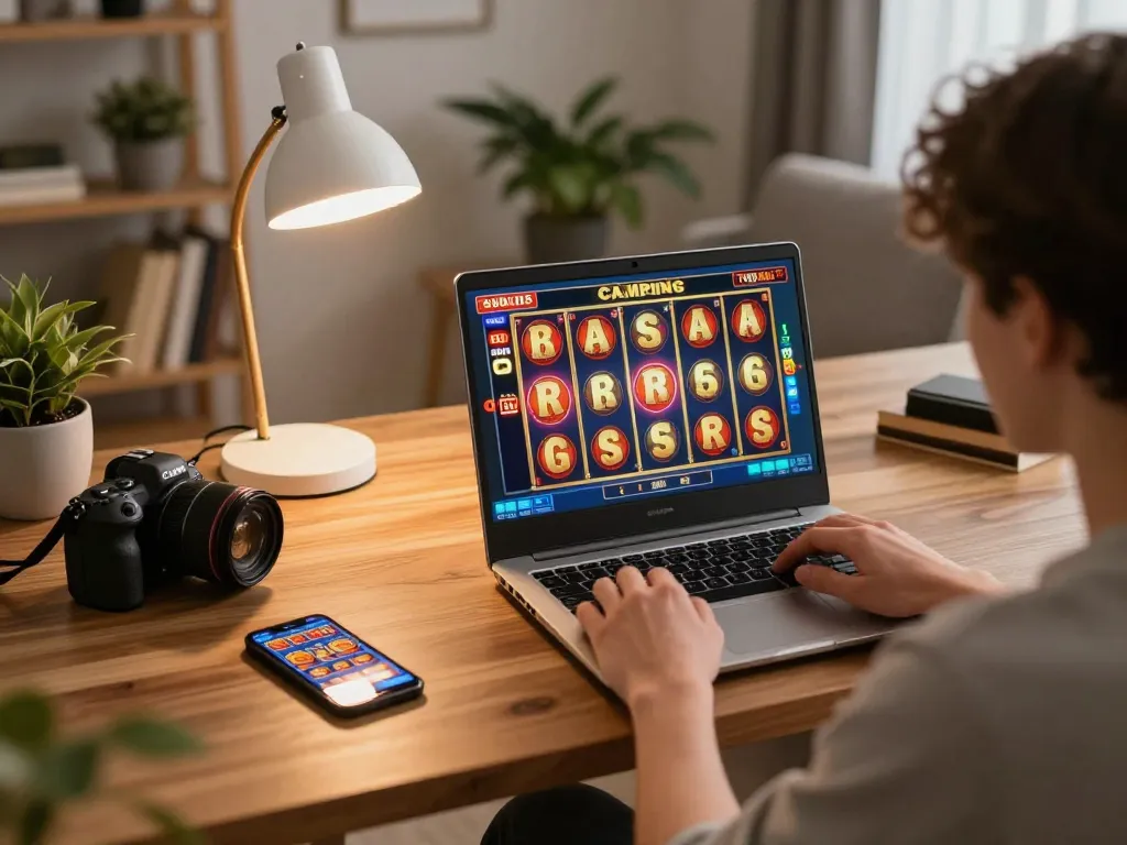 Player enjoying online slots on laptop, showcasing exciting gameplay with mdg188 interface.