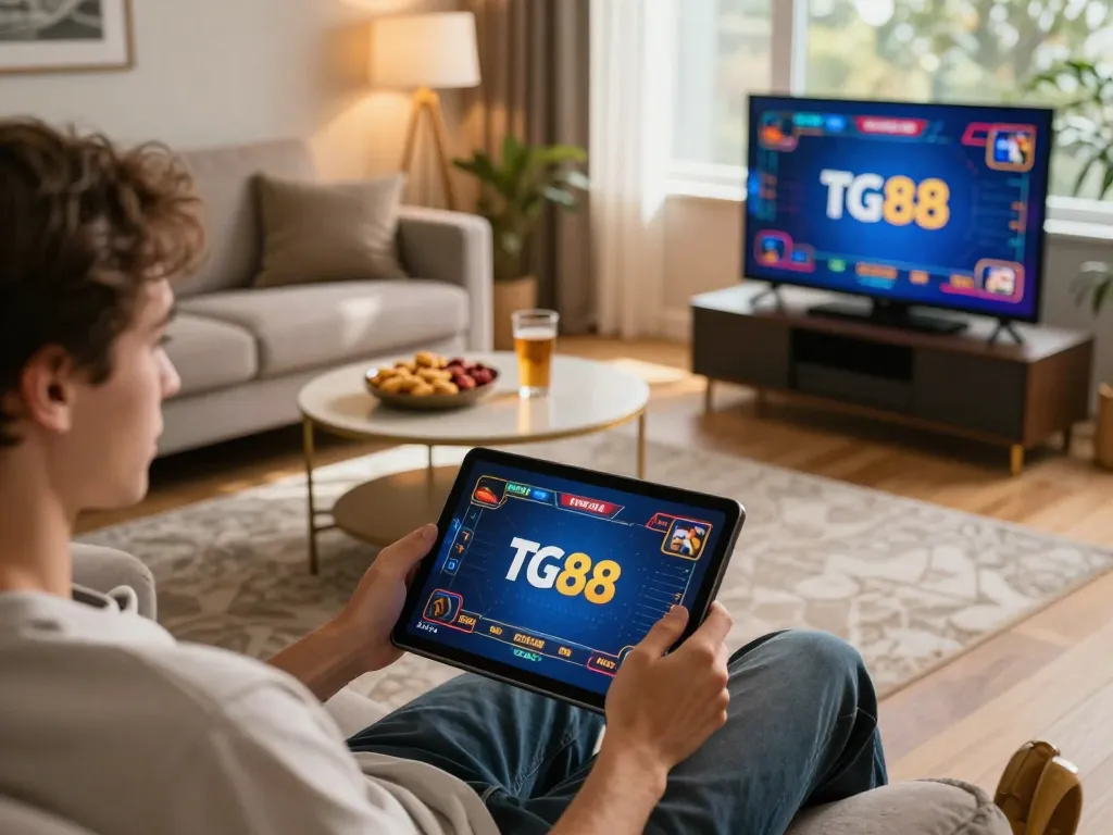 TG88 user enjoying online gaming on a tablet in a cozy home setting with snacks and drinks.