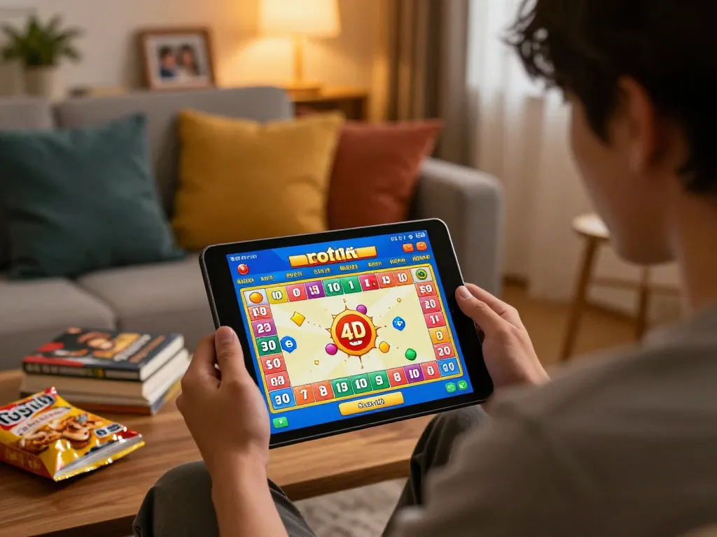 Engaging with togel 4D online game on a tablet, showcasing home gaming atmosphere