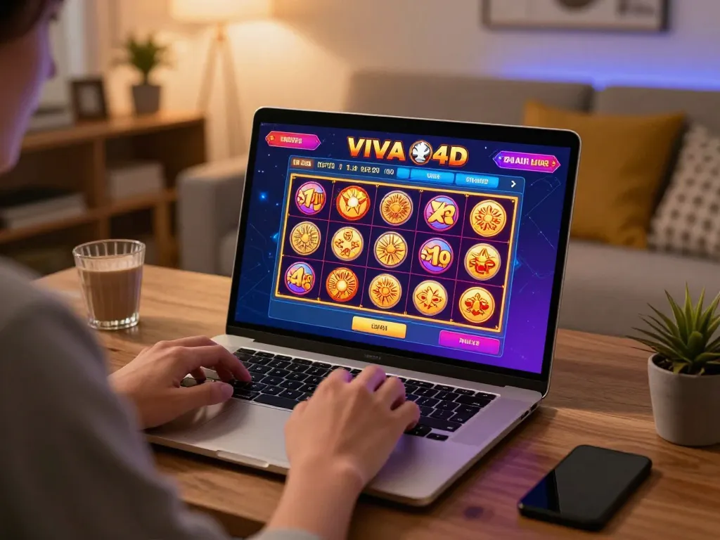 Playing viral4d online slot game on a laptop in a cozy home environment.