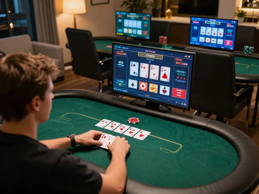 Aneka4D login dengan adegan permainan poker online yang intens, menampilkan fokus strategi dan permainan