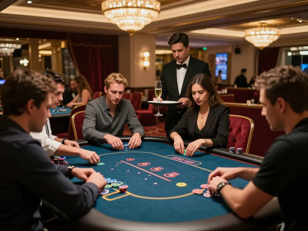 sv368 players engaging in high-stakes poker at a luxurious casino VIP table with elegant decor