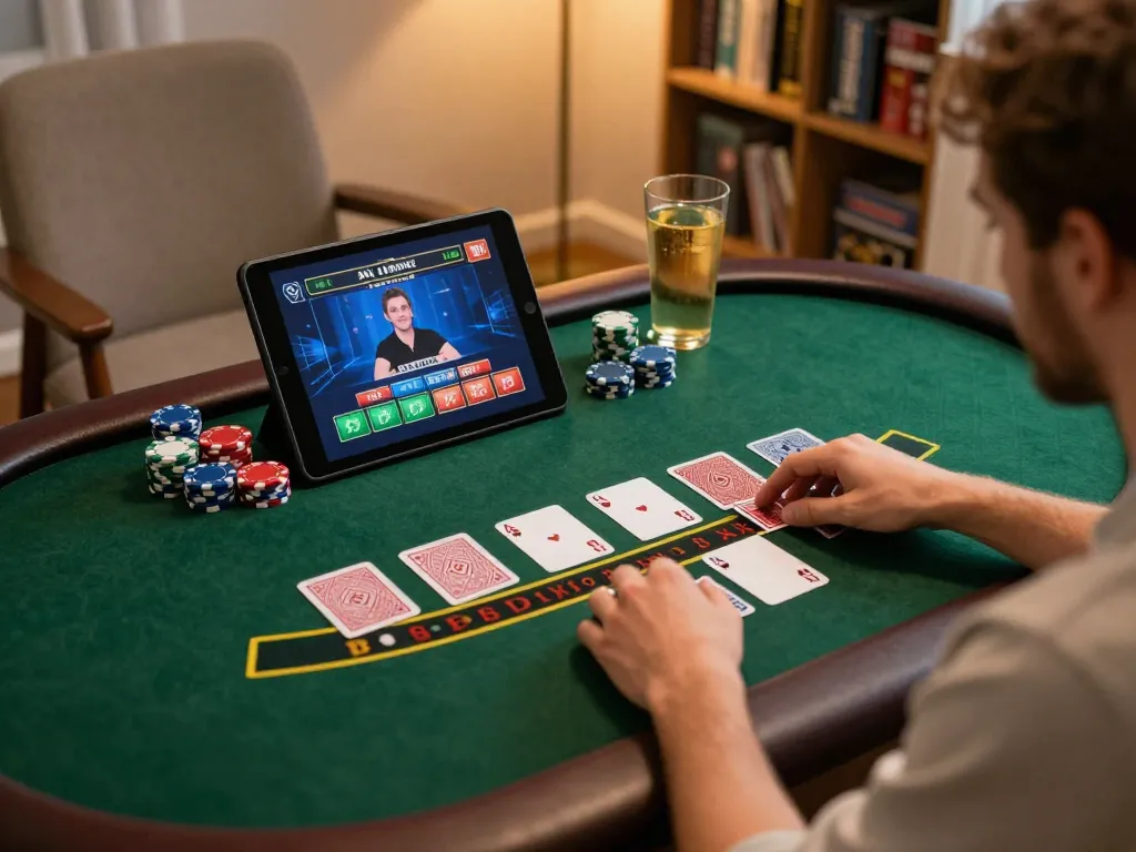 DH88 player engaging in live blackjack from home, showing interactive betting interface and cozy atmosphere.
