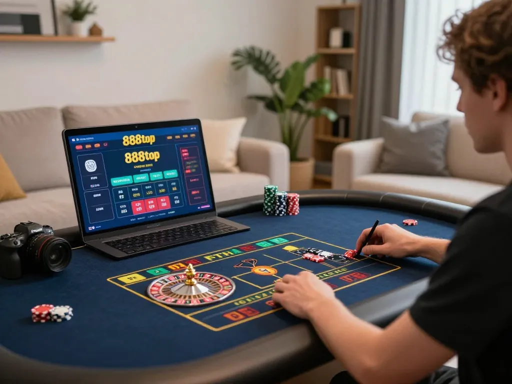 Person playing live dealer roulette on 888top platform in a stylish home setting