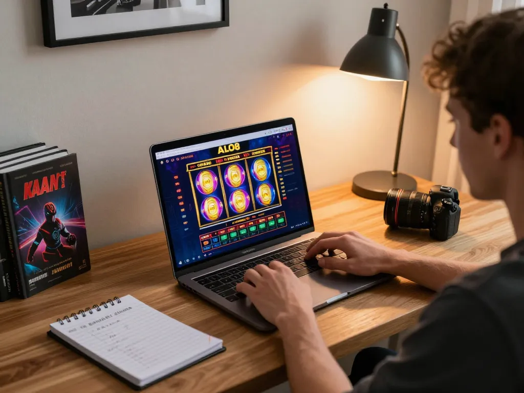 Player engaged in online ALO8 gaming, with strategy notes and laptop setup in a cozy home environment
