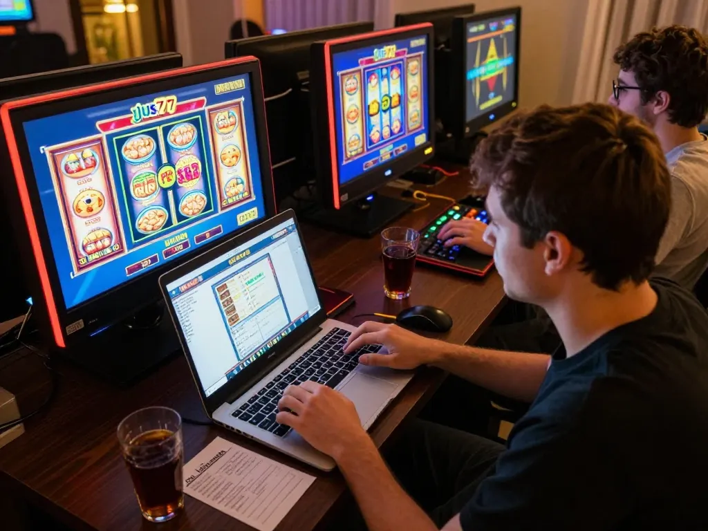 Player engaging in online gaming on jus77 platform, focused on laptop with slot machines displayed, cozy atmosphere