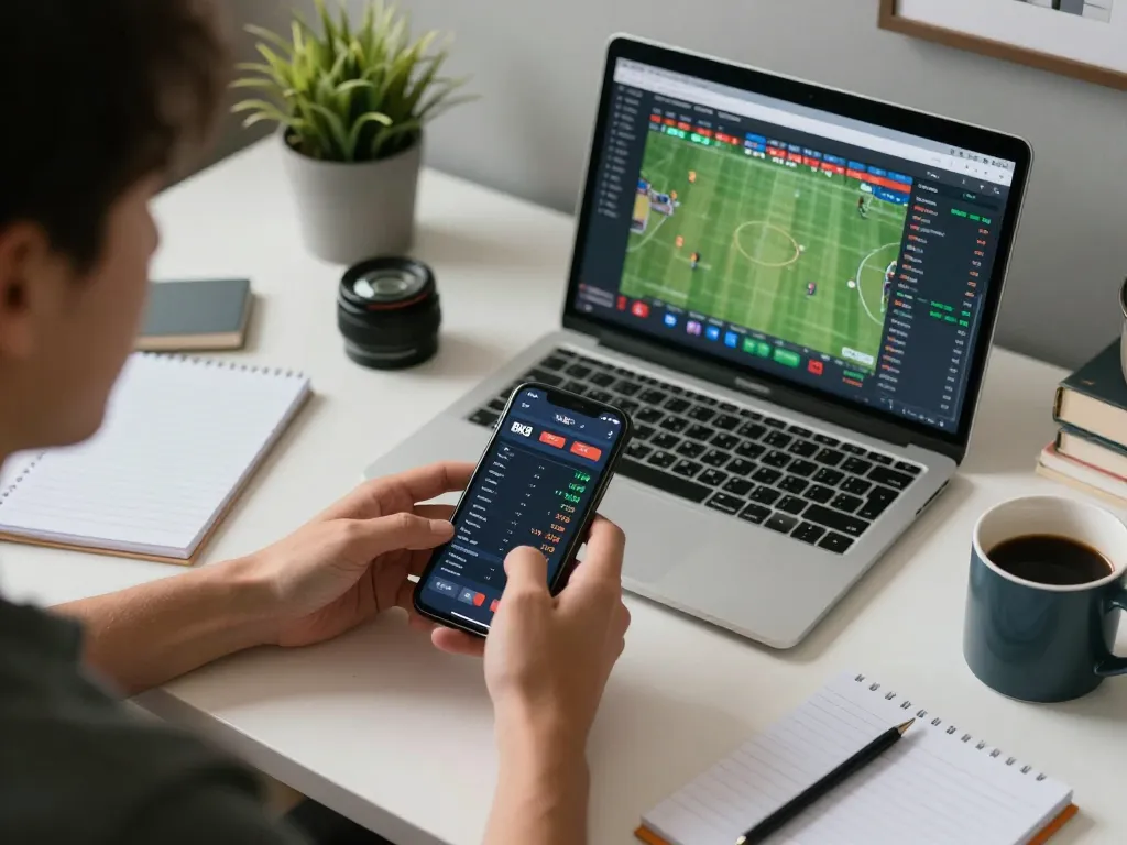 Engaging moment of sports betting on BK8 app with live odds and analytics in a cozy setting