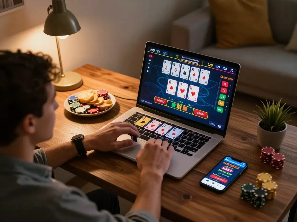 Engaging in situs gacor online blackjack gaming on a cozy home setup with laptop and snacks.