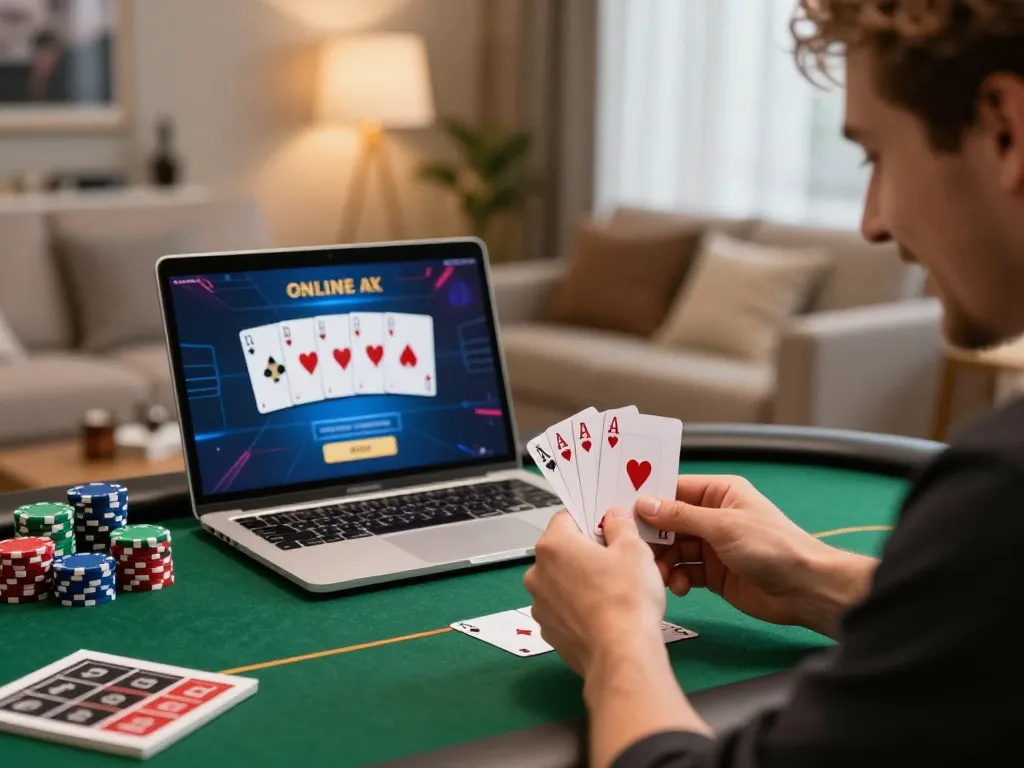 Player winning at online poker while using hay88x platform, vibrant hand on laptop screen.