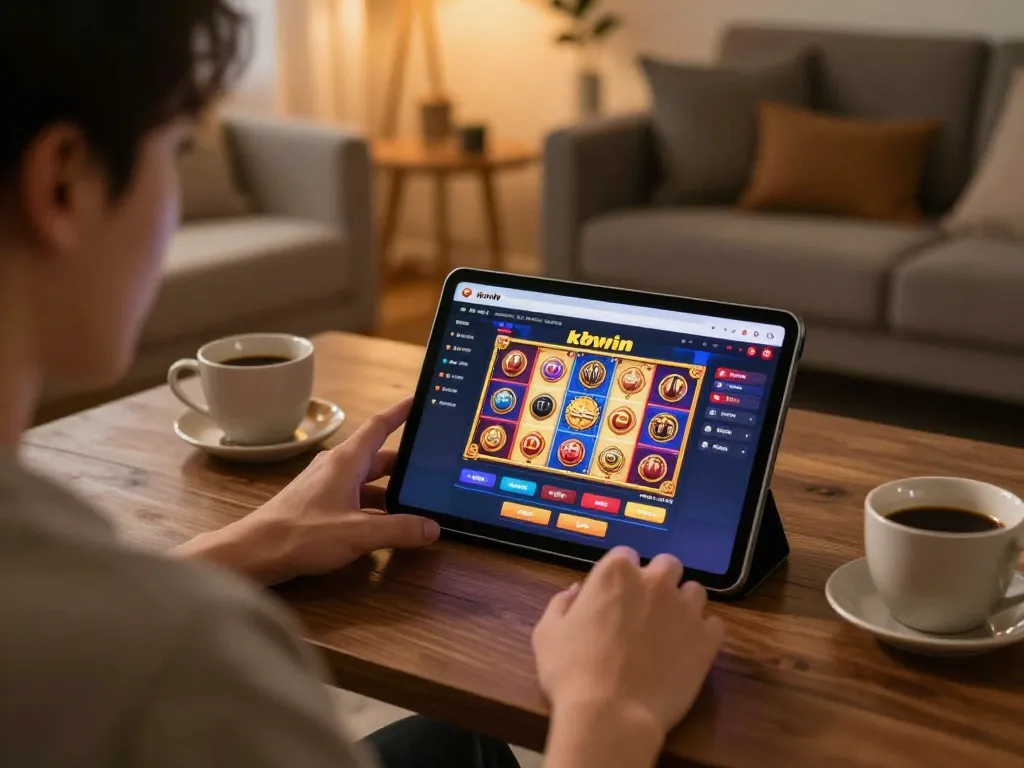 Player engaging with kkwin app on tablet in a cozy home gaming setup with warm lighting.