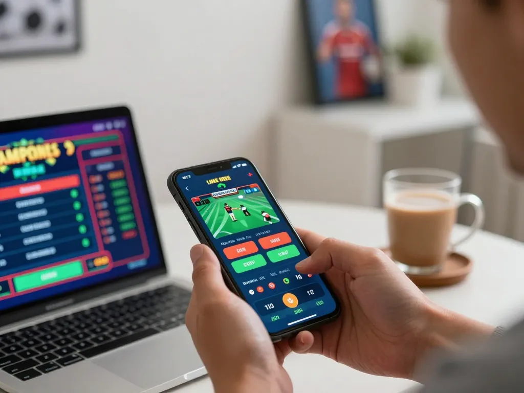 Engaged player using thabet app on smartphone for live sports betting.
